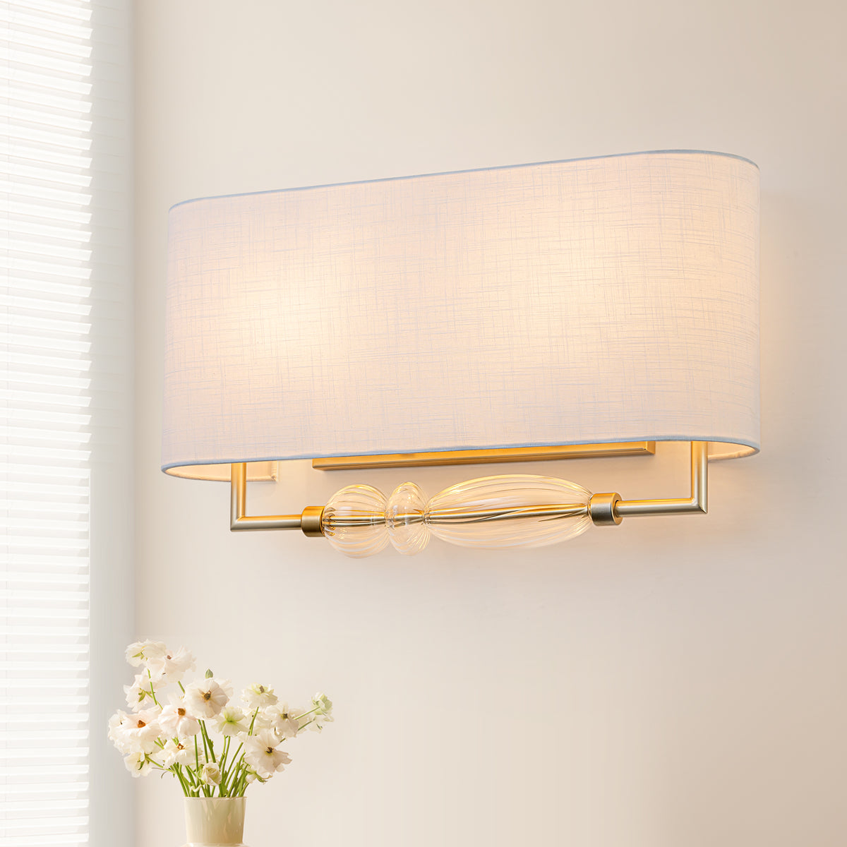 2-Light Wall Sconce Half-Open Linen Shade Striped Glass Globe Accent - product image 11 | Zenvolit