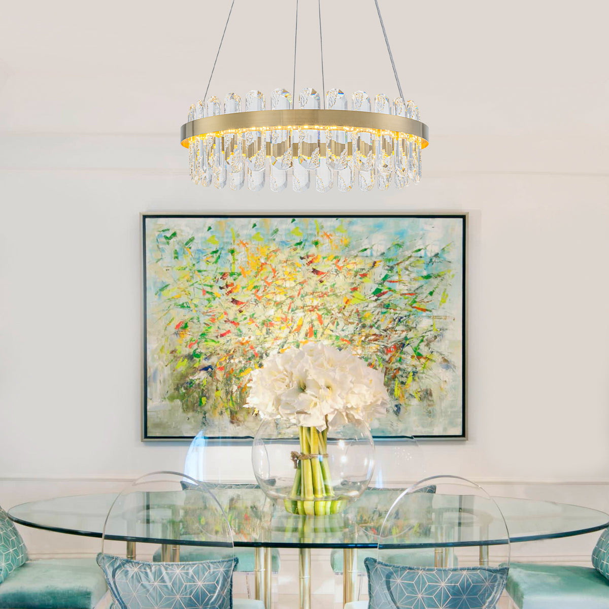 Modern Gold LED Chandelier with Clear Linear Crystals Dimmable - product image 2 | Zenvolit