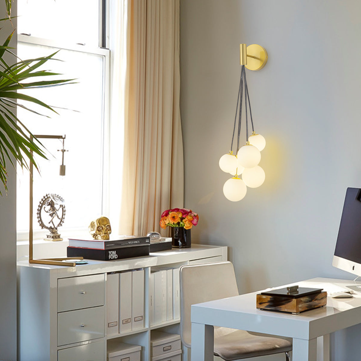 6-Light Hanging Milky Glass Globe Wall Sconce Modern Living Room - product image 5 | Zenvolit