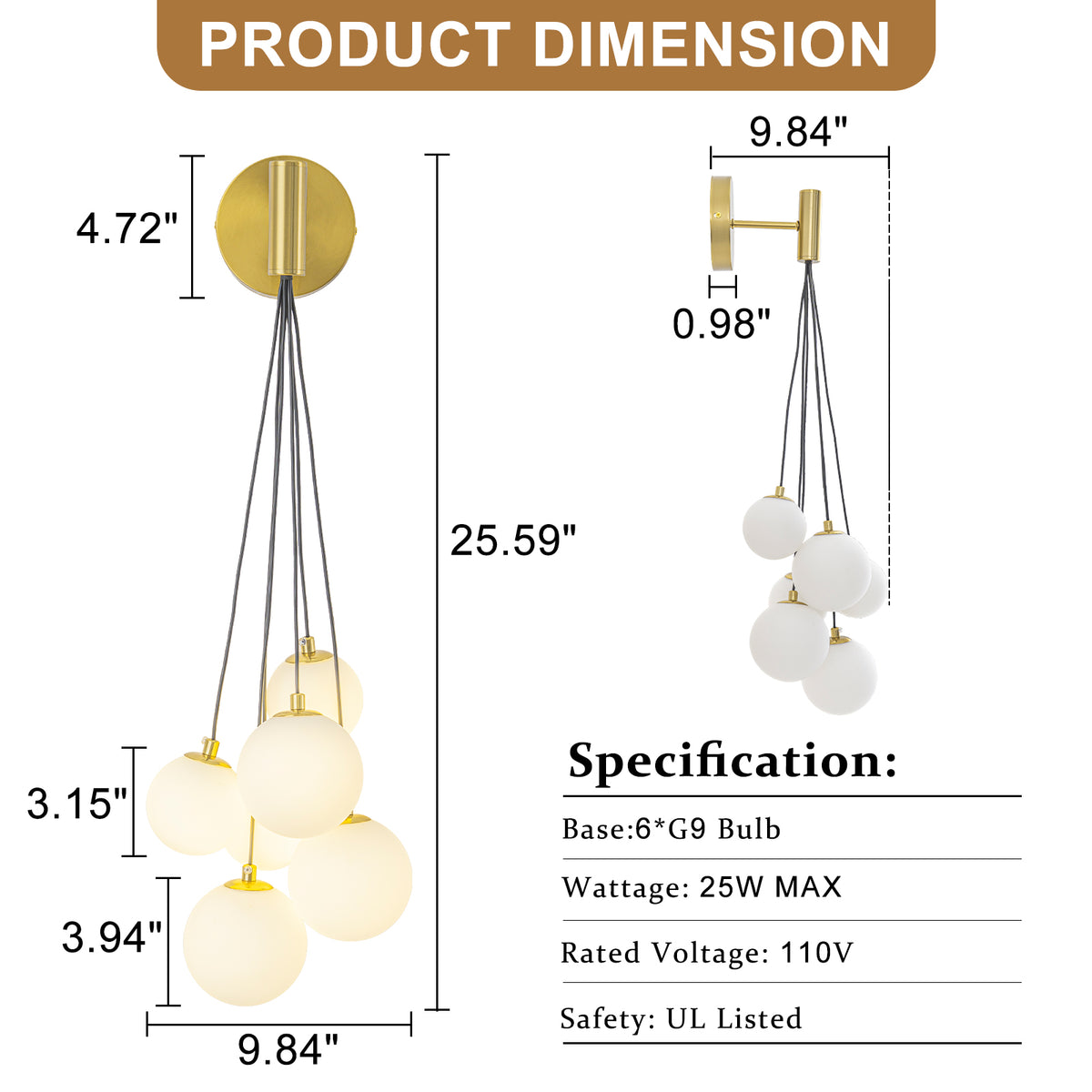 6-Light Hanging Milky Glass Globe Wall Sconce Modern Living Room - product image 7 | Zenvolit