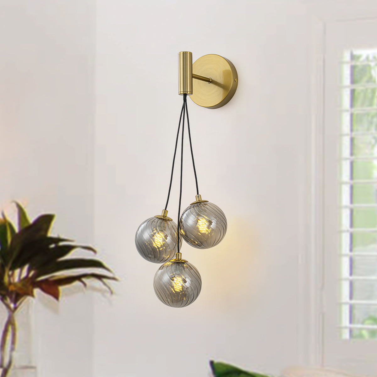 Modern Gold Metal Wall Sconce Smoke Gray Twisted Glass Globe Shades - product image 13 | Zenvolit