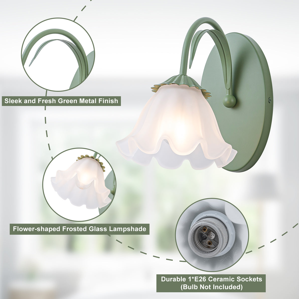 Green Metal Flower Frosted Glass Wall Sconce for Bathroom Vanity - product image 15 | Zenvolit