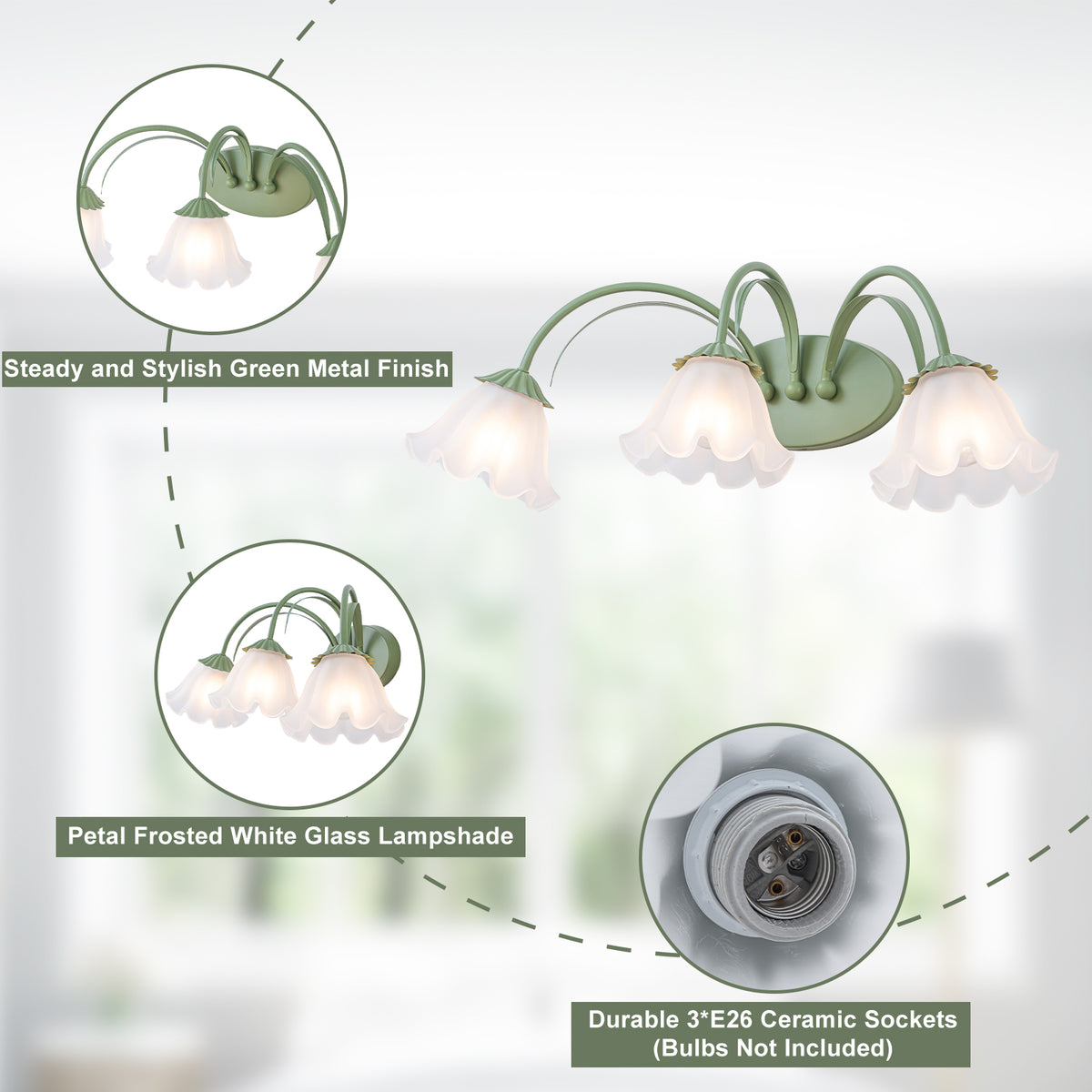 Green Metal Flower Frosted Glass Wall Sconce for Bathroom Vanity - product image 16 | Zenvolit