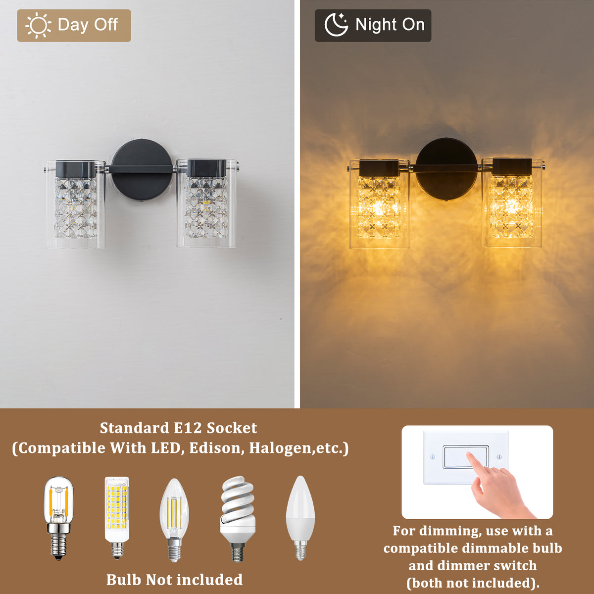 2-Light Crystal Vanity Light Wall Sconce Clear Glass Shades Bathroom - product image 8 | Zenvolit