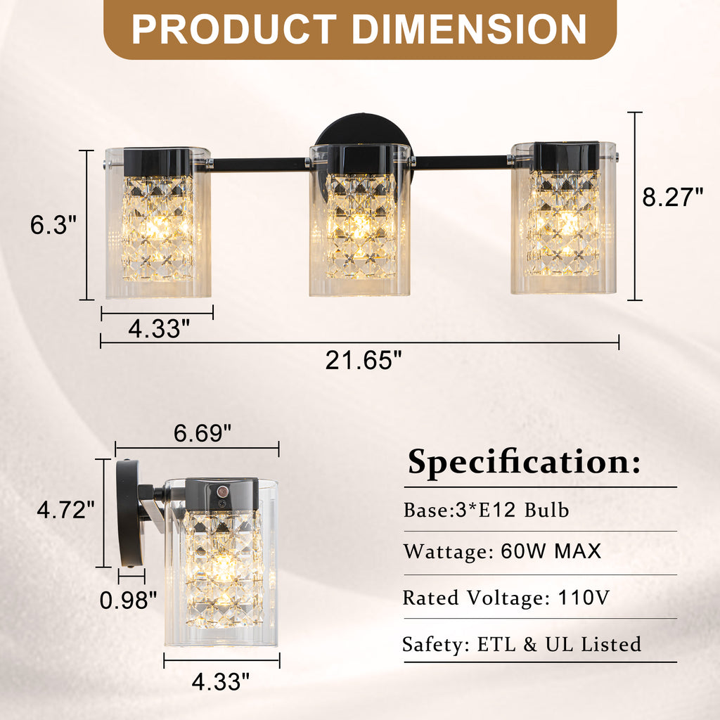 3-Light Crystal Vanity Light Wall Sconce Clear Glass Shades Bathroom - product image 6 | Zenvolit