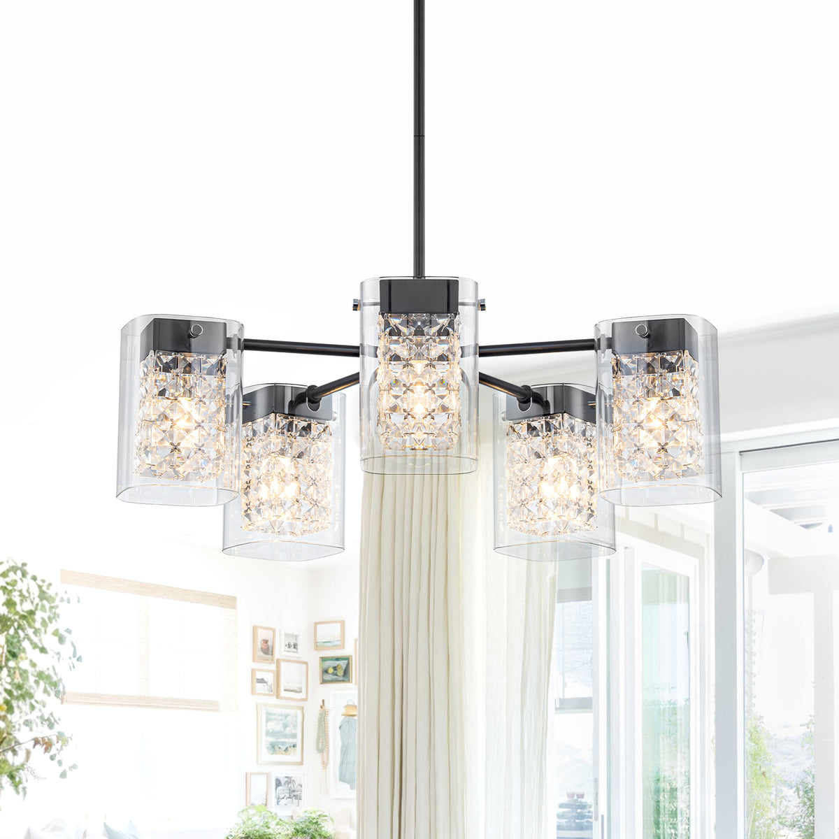 5 Light Crystal Glass Chandelier with Clear Square Shades Modern - product image 3 | Zenvolit