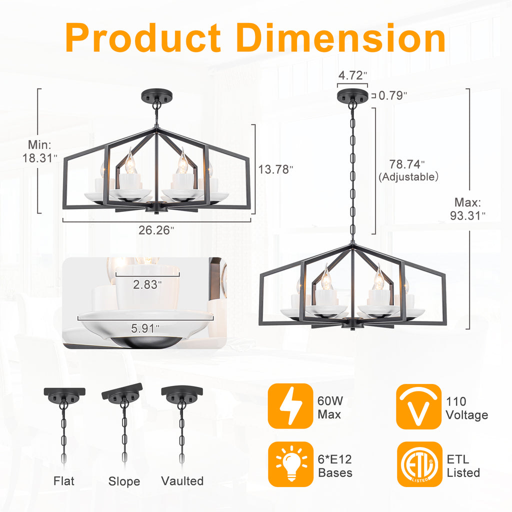6-Light Industrial Matte Black Geometric Chandelier with White Ceramic - product image 1 | Zenvolit