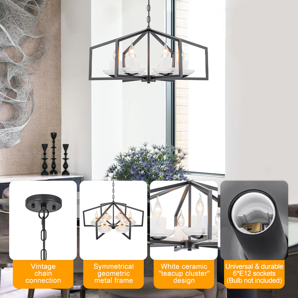 6-Light Industrial Matte Black Geometric Chandelier with White Ceramic - product image 3 | Zenvolit