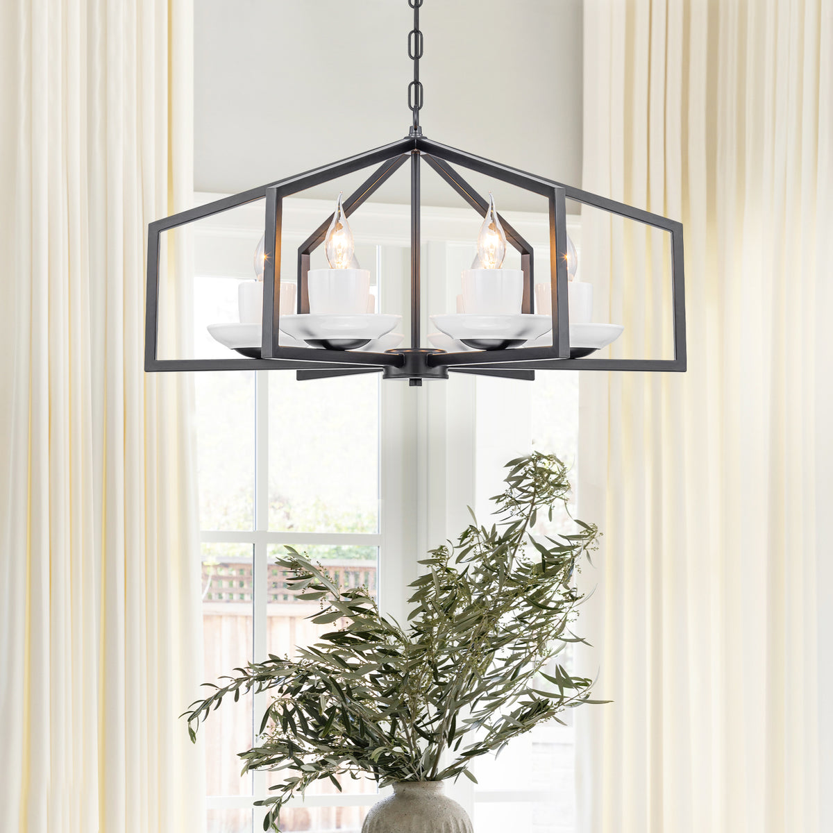 6-Light Industrial Matte Black Geometric Chandelier with White Ceramic - product image 5 | Zenvolit