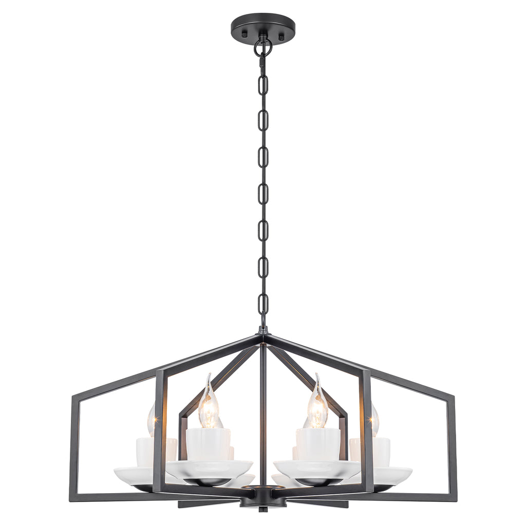 6-Light Industrial Matte Black Geometric Chandelier with White Ceramic - product image 6 | Zenvolit