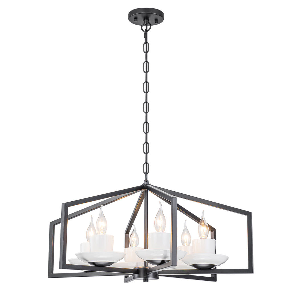 6-Light Industrial Matte Black Geometric Chandelier with White Ceramic - product image 7 | Zenvolit