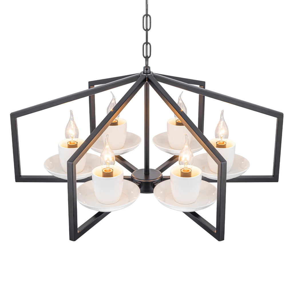 6-Light Industrial Matte Black Geometric Chandelier with White Ceramic - product image 8 | Zenvolit