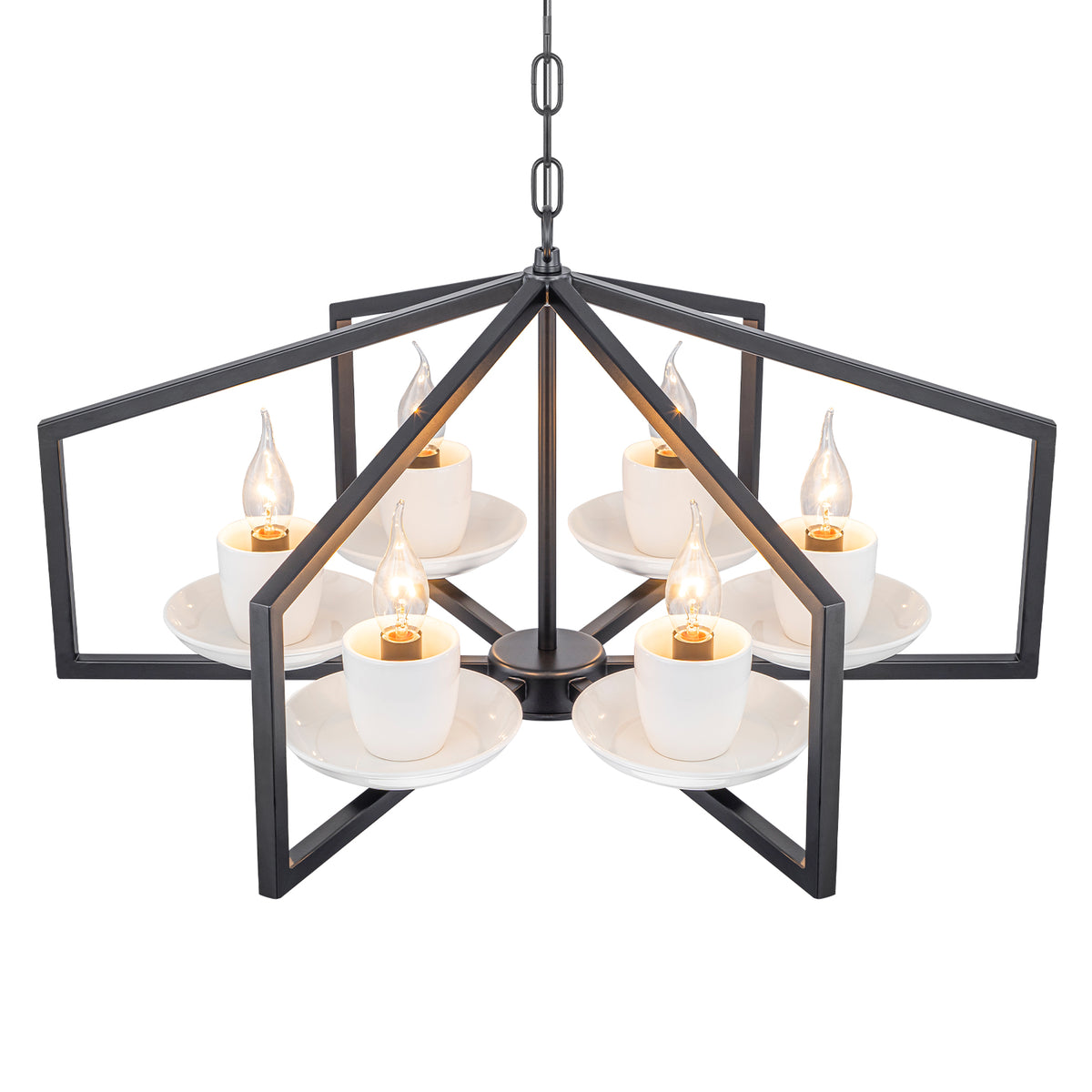6-Light Industrial Matte Black Geometric Chandelier with White Ceramic - product image 8 | Zenvolit