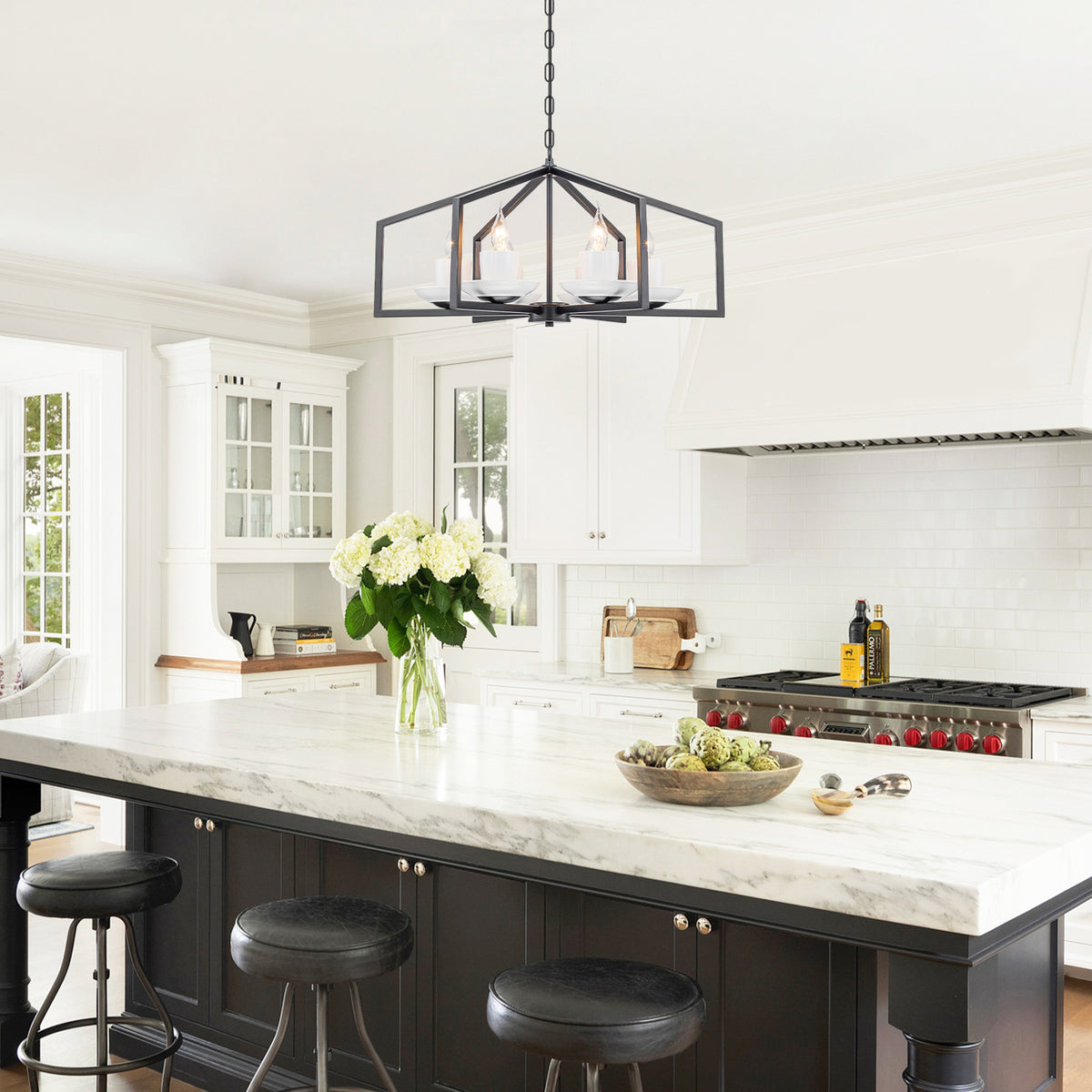 6-Light Industrial Matte Black Geometric Chandelier with White Ceramic - product image 12 | Zenvolit
