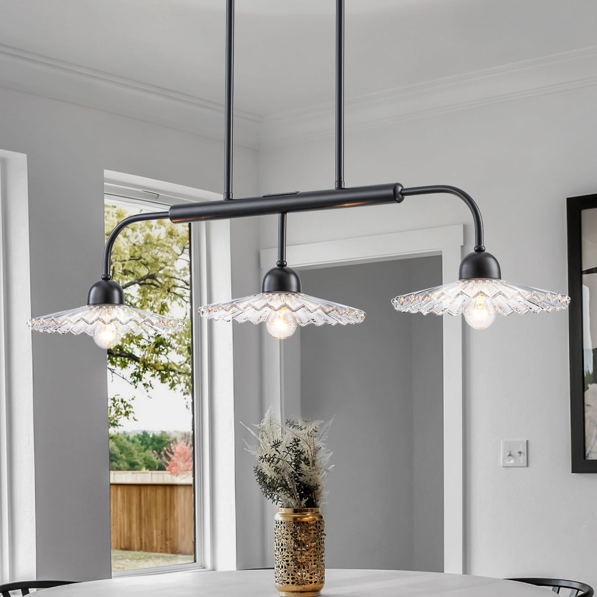 3-Light Black Linear Pendant Light with Pleated Clear Glass Shades - product image 1 | Zenvolit