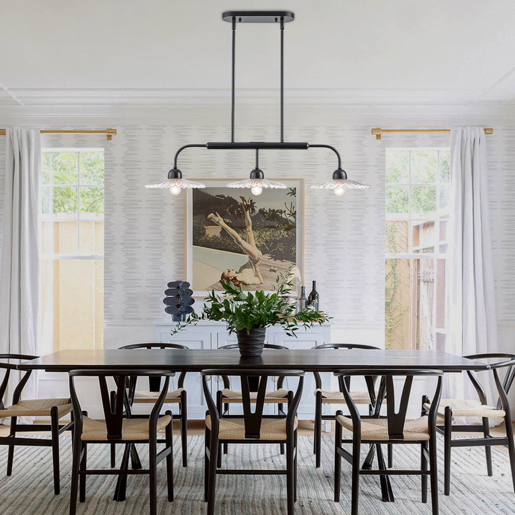 3-Light Black Linear Pendant Light with Pleated Clear Glass Shades - product image 2 | Zenvolit