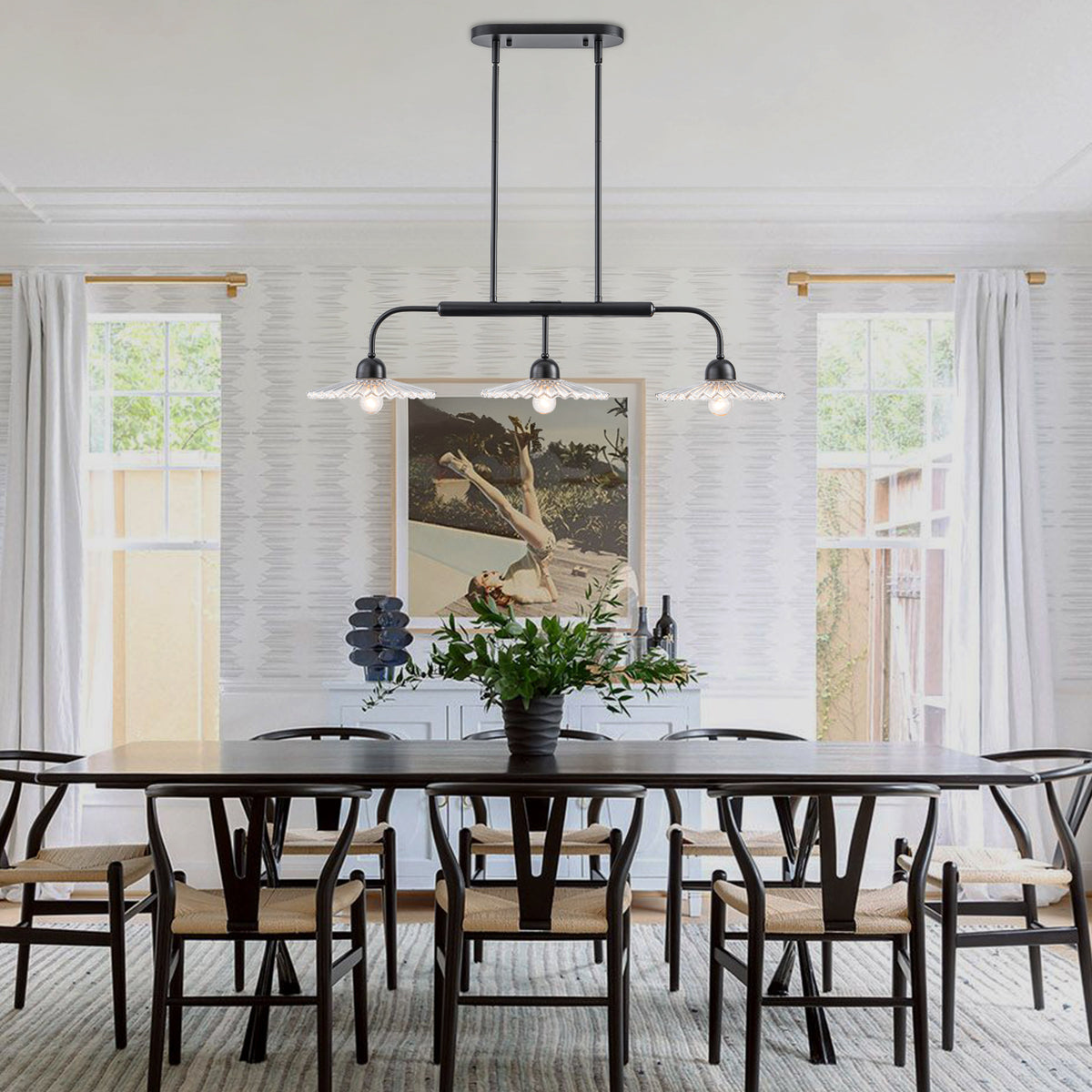 3-Light Black Linear Pendant Light with Pleated Clear Glass Shades - product image 2 | Zenvolit