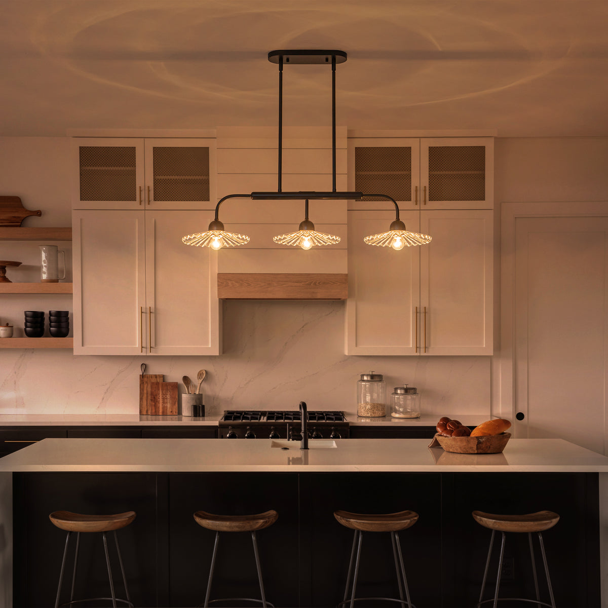 3-Light Black Linear Pendant Light with Pleated Clear Glass Shades - product image 3 | Zenvolit