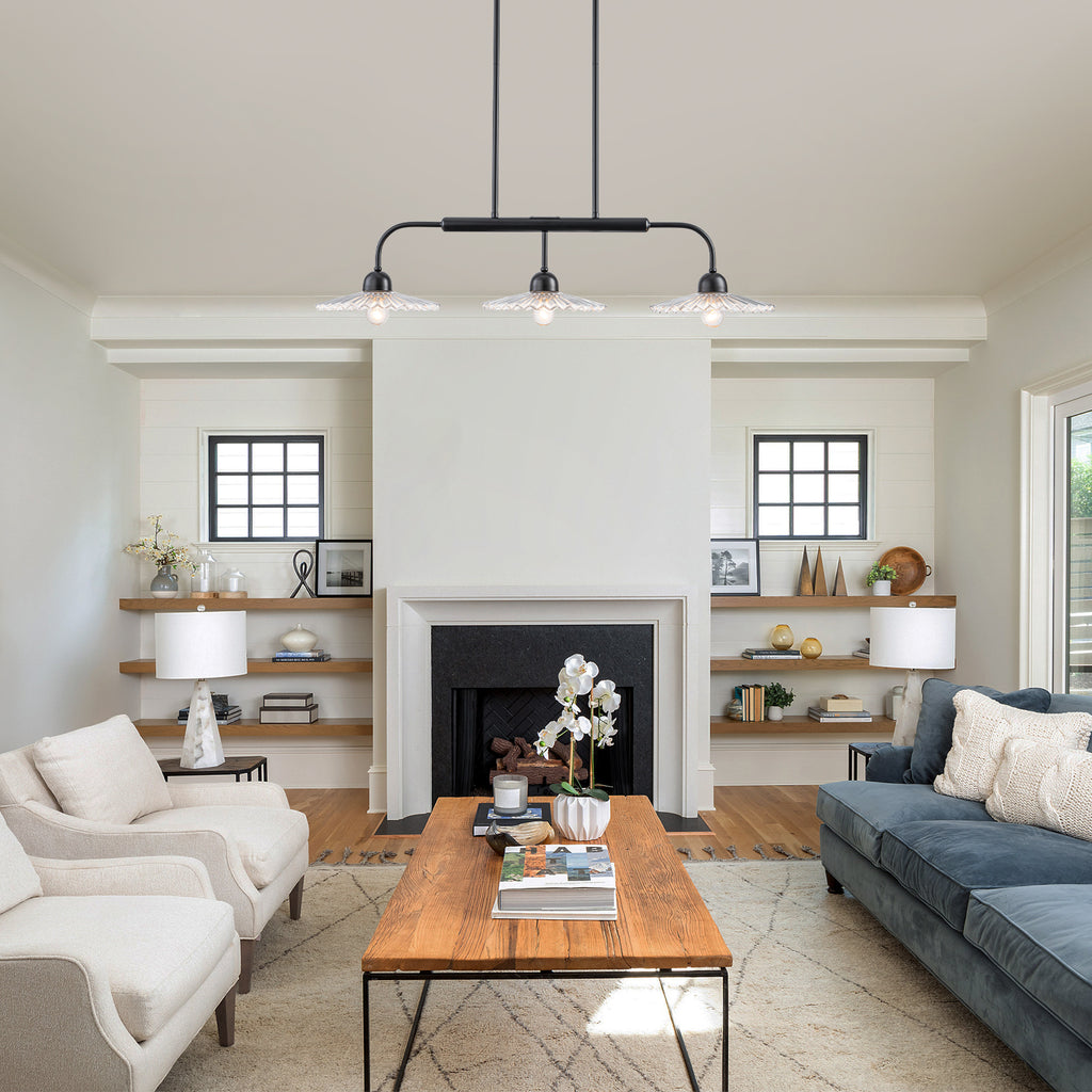 3-Light Black Linear Pendant Light with Pleated Clear Glass Shades - product image 5 | Zenvolit