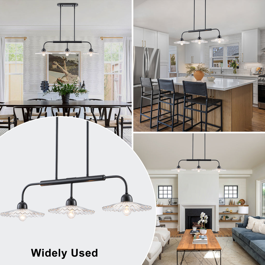 3-Light Black Linear Pendant Light with Pleated Clear Glass Shades - product image 6 | Zenvolit