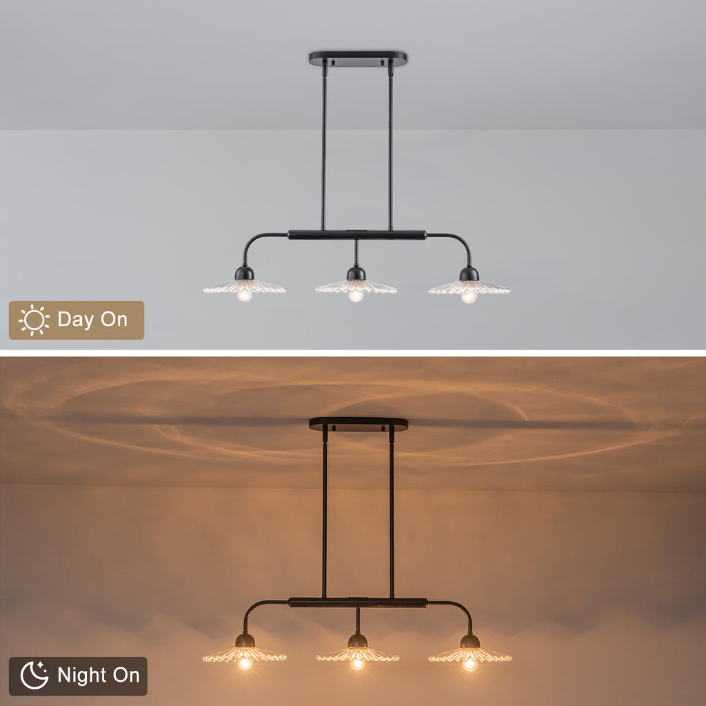 3-Light Black Linear Pendant Light with Pleated Clear Glass Shades - product image 8 | Zenvolit