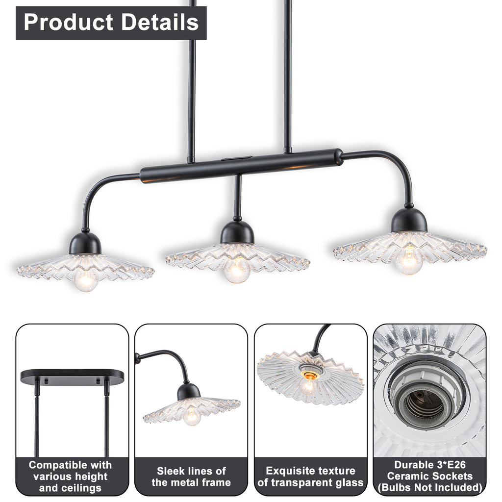 3-Light Black Linear Pendant Light with Pleated Clear Glass Shades - product image 15 | Zenvolit