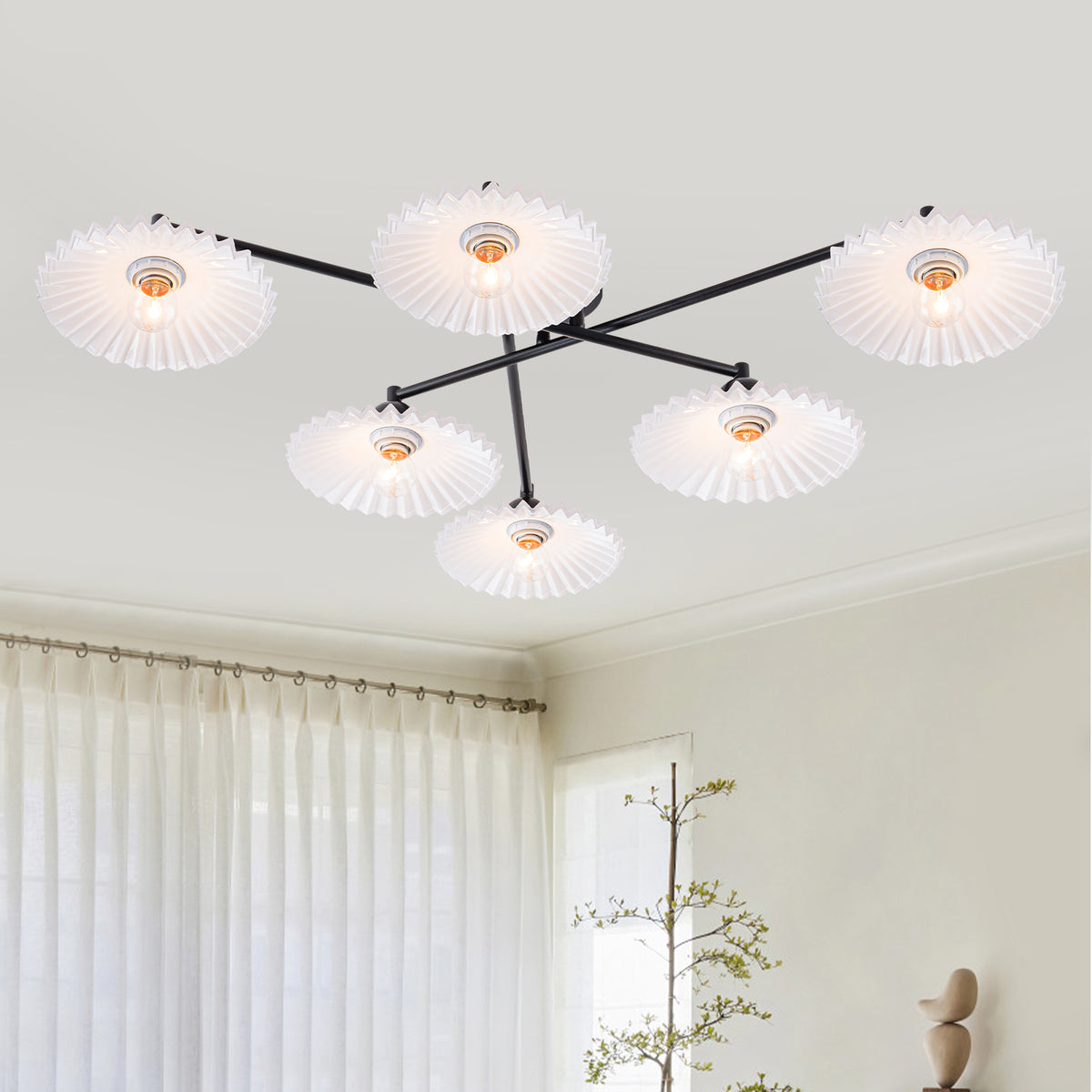 40.16 in. 6-Light Modern Matte Black Branch-Shaped Flush Mount Ceiling Light with White Glass Shades - product image 5 | Zenvolit
