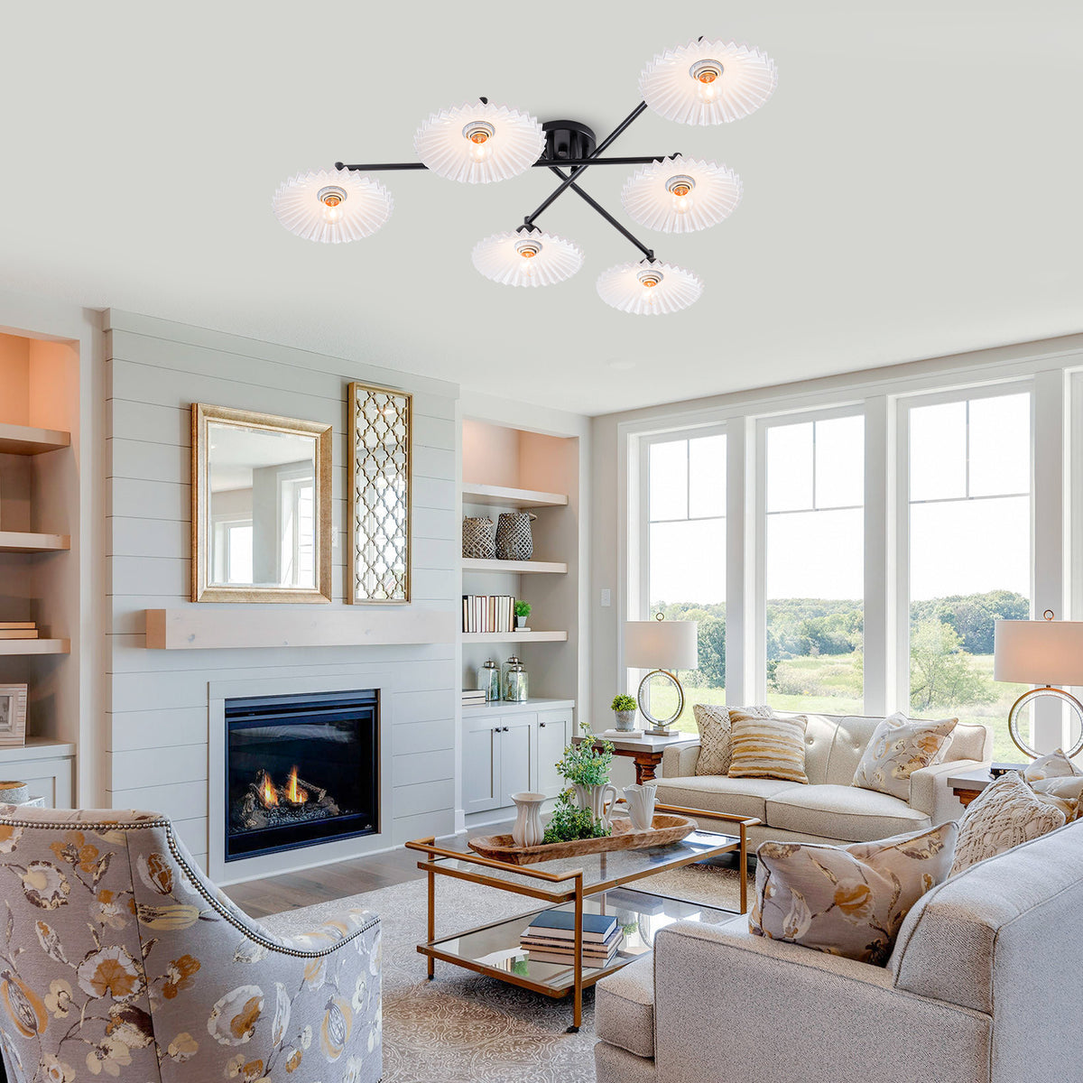 40.16 in. 6-Light Modern Matte Black Branch-Shaped Flush Mount Ceiling Light with White Glass Shades - product image 14 | Zenvolit