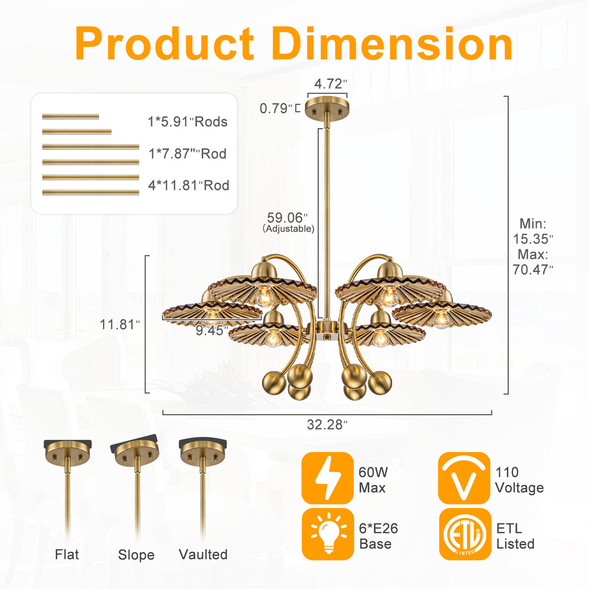 6-Light Modern Gold Branch Chandelier with Tea-Colored Glass Shades - product image 2 | Zenvolit