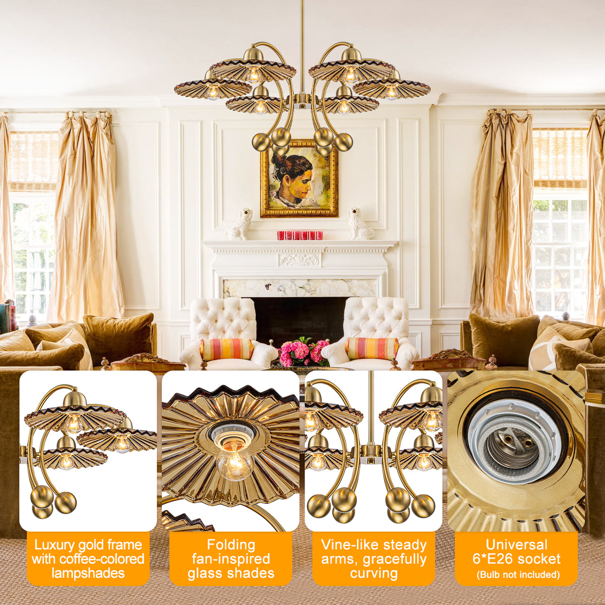 6-Light Modern Gold Branch Chandelier with Tea-Colored Glass Shades - product image 4 | Zenvolit