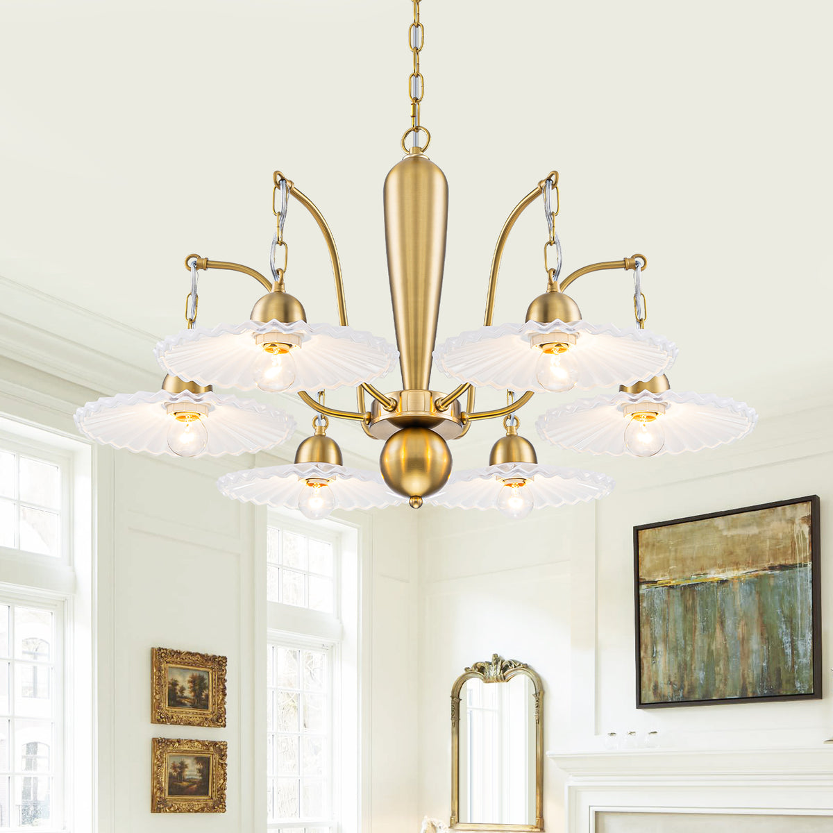 6-Light Mid-Century Gold Chandelier with White Fluted Glass Shades - product image 6 | Zenvolit