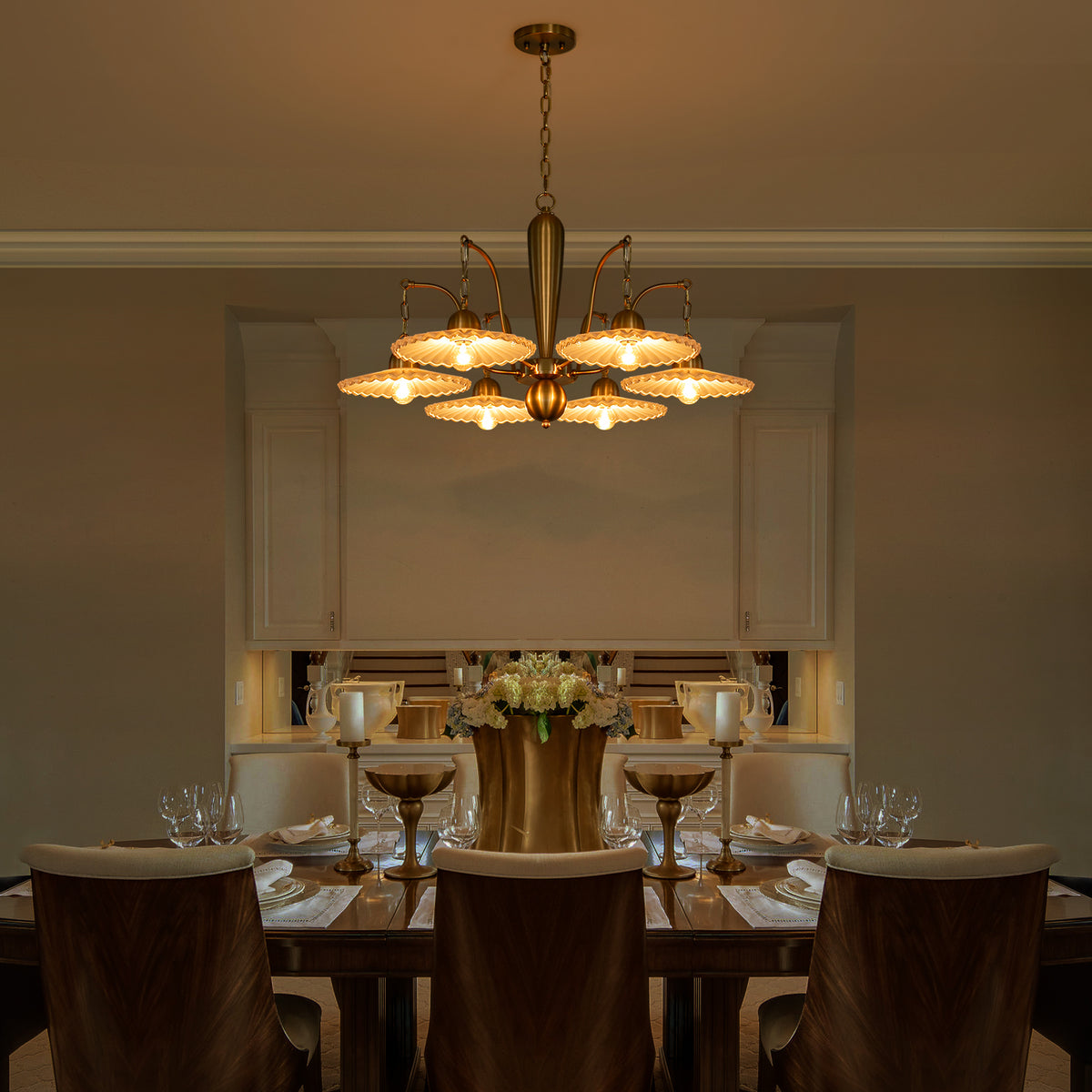 6-Light Mid-Century Gold Chandelier with White Fluted Glass Shades - product image 13 | Zenvolit