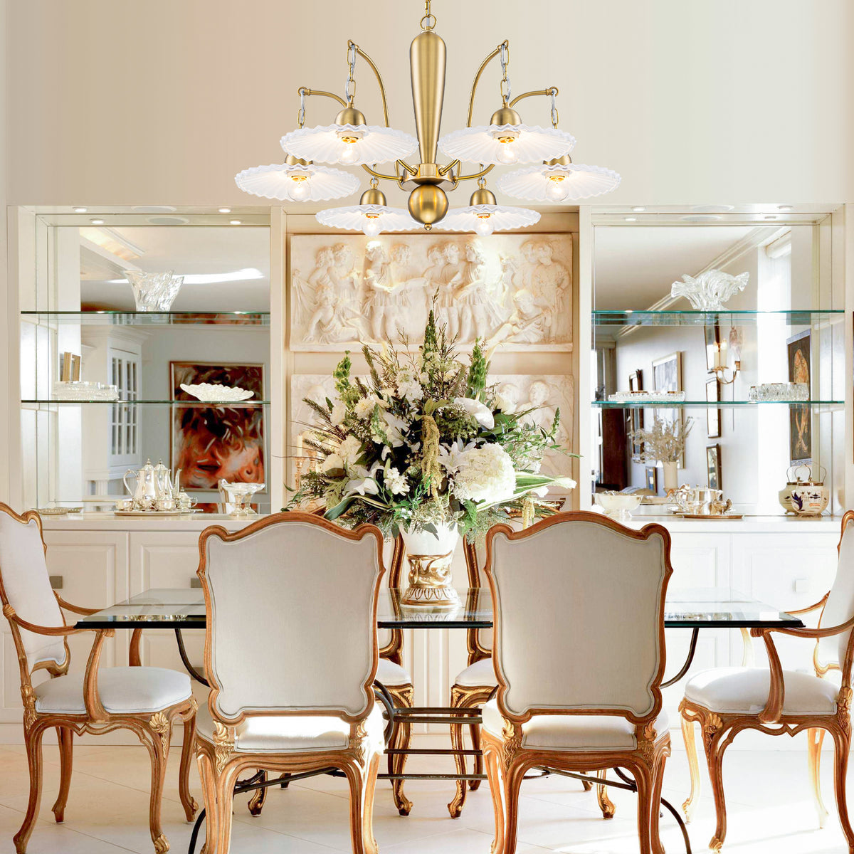6-Light Mid-Century Gold Chandelier with White Fluted Glass Shades - product image 15 | Zenvolit