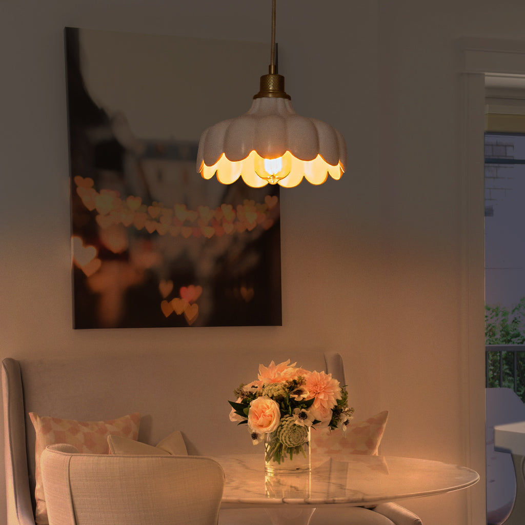 Modern Brushed Gold Pendant Light with Ceramic Flower Shade Fixture - product image 3 | Zenvolit