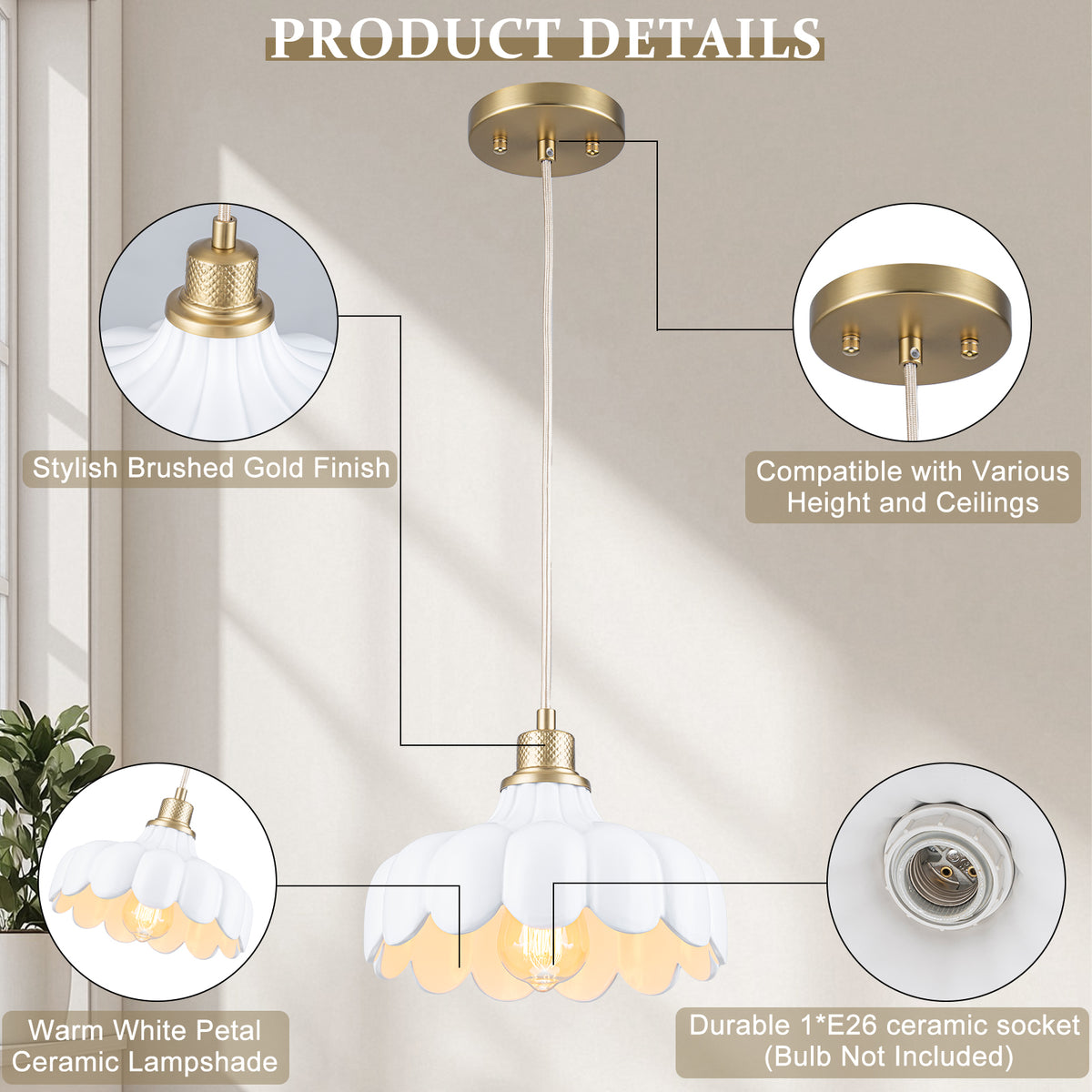 Modern Brushed Gold Pendant Light with Ceramic Flower Shade Fixture - product image 14 | Zenvolit