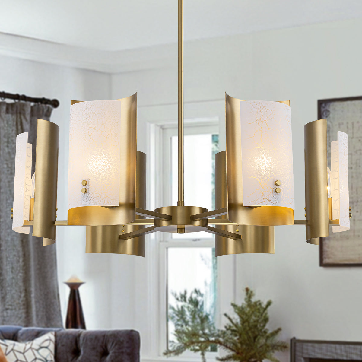 6-Light Modern Brushed Gold Chandelier White Crackle Glass Shades - product image 1 | Zenvolit