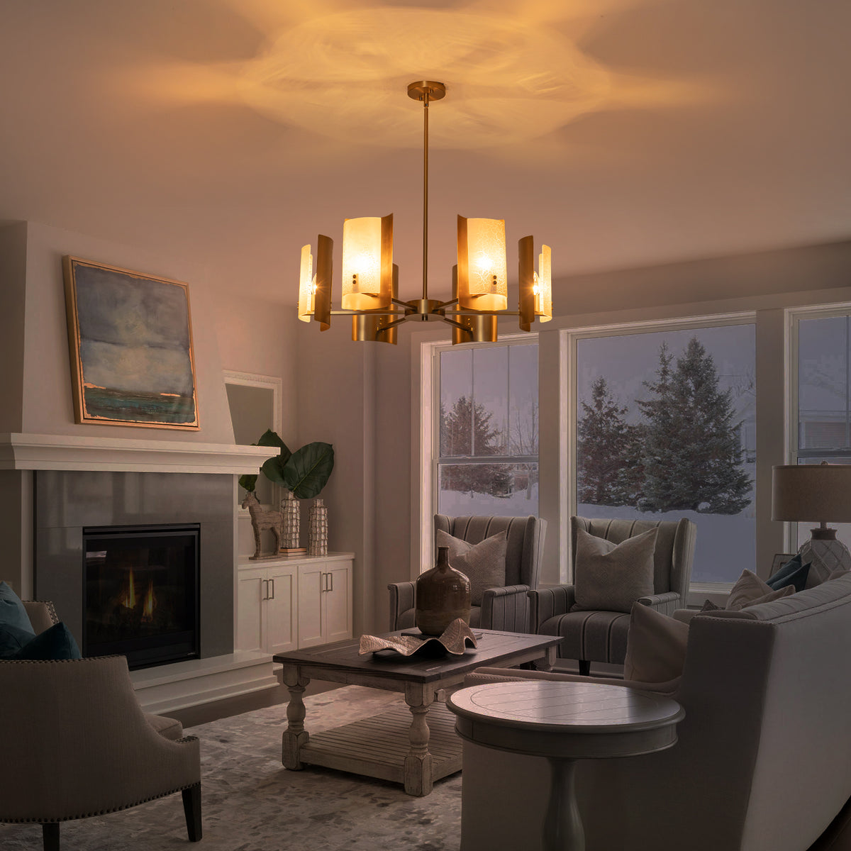 6-Light Modern Brushed Gold Chandelier White Crackle Glass Shades - product image 3 | Zenvolit