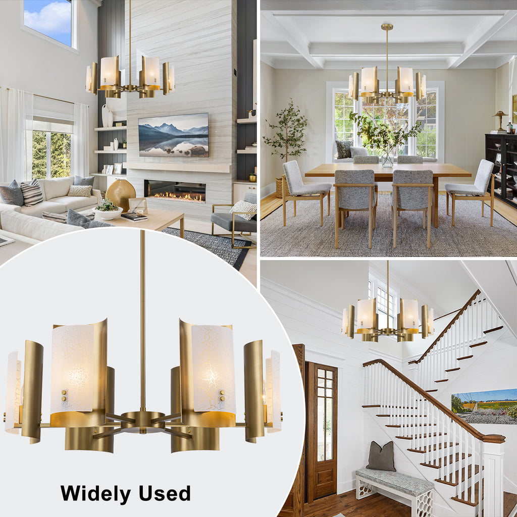 6-Light Modern Brushed Gold Chandelier White Crackle Glass Shades - product image 6 | Zenvolit