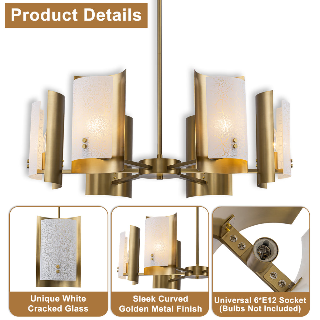 6-Light Modern Brushed Gold Chandelier White Crackle Glass Shades - product image 14 | Zenvolit