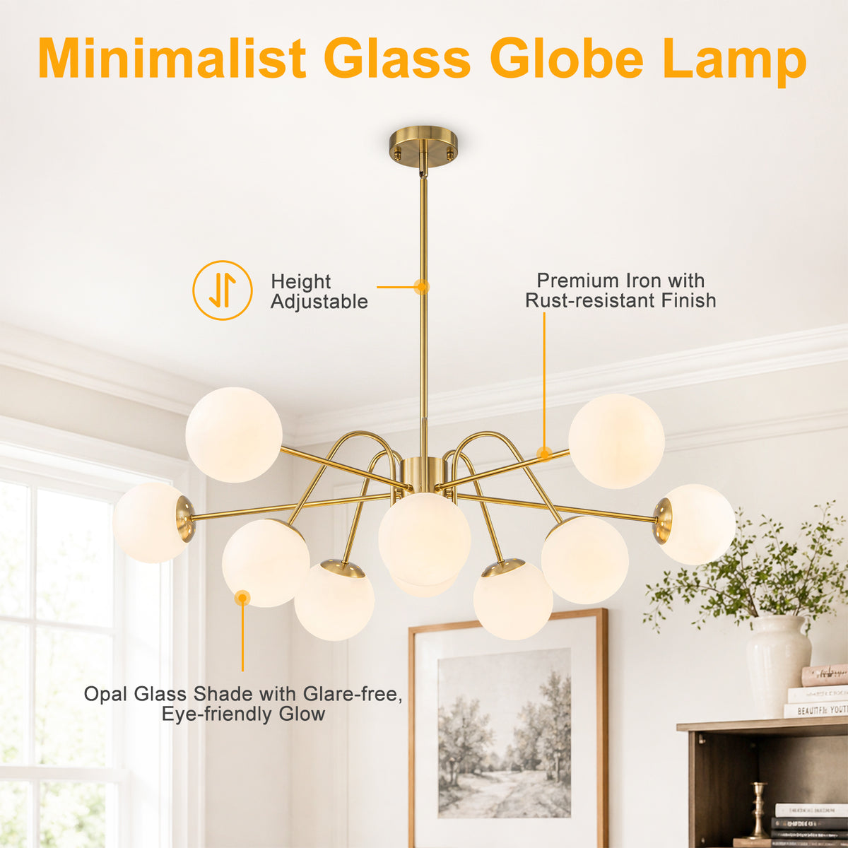 10-Light Brass Globe Chandelier Milk Glass Shades Modern Dining Room