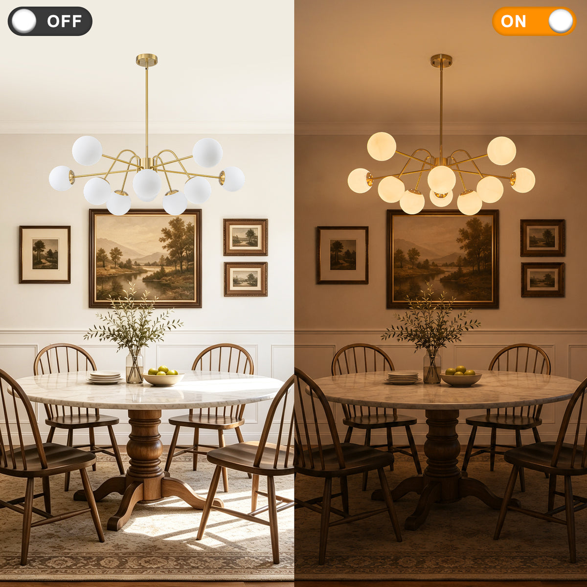 10-Light Brass Globe Chandelier Milk Glass Shades Modern Dining Room
