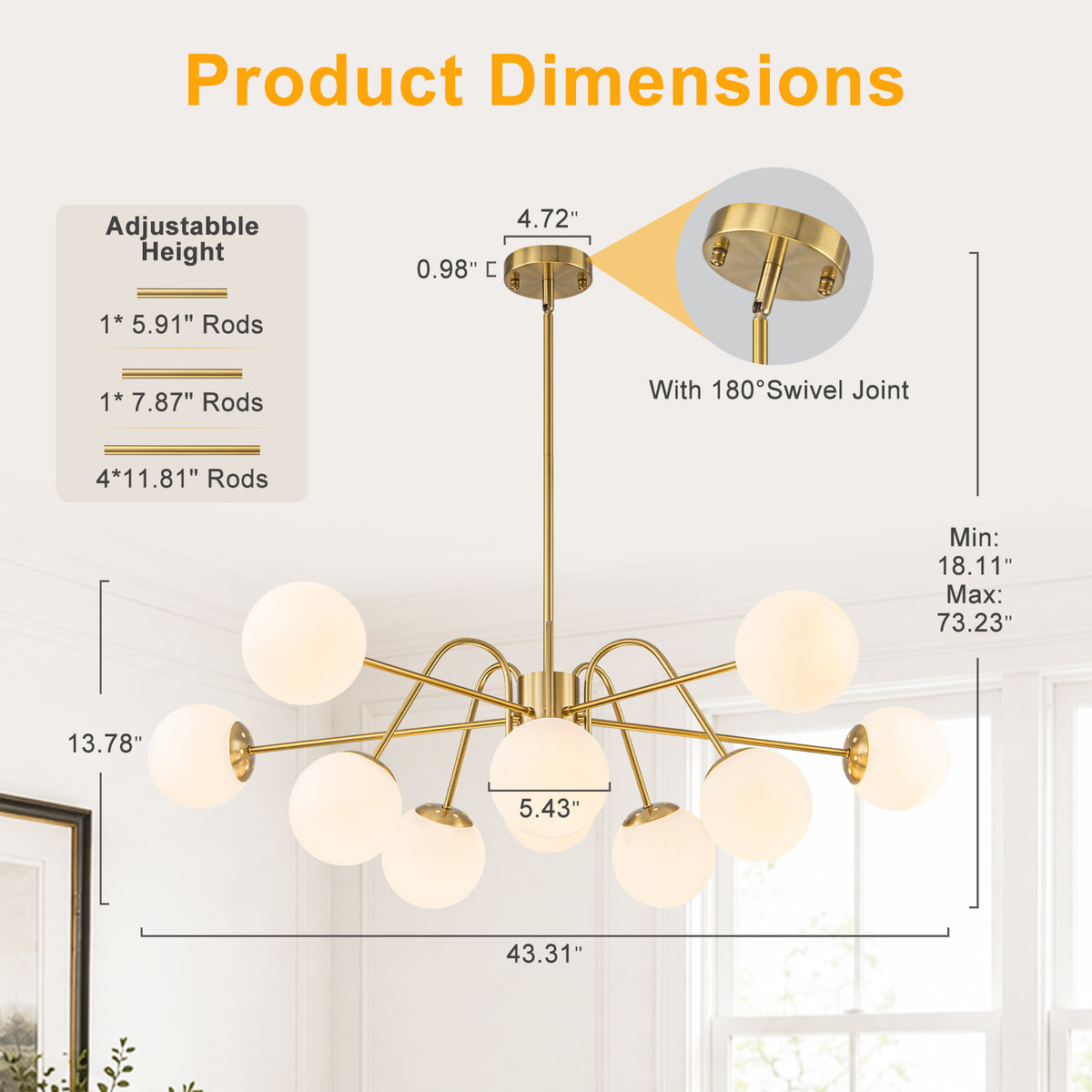 10-Light Brass Globe Chandelier Milk Glass Shades Modern Dining Room