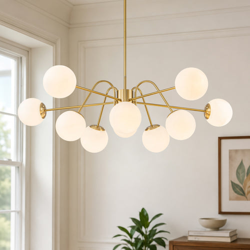 10-Light Brass Globe Chandelier Milk Glass Shades Modern Dining Room