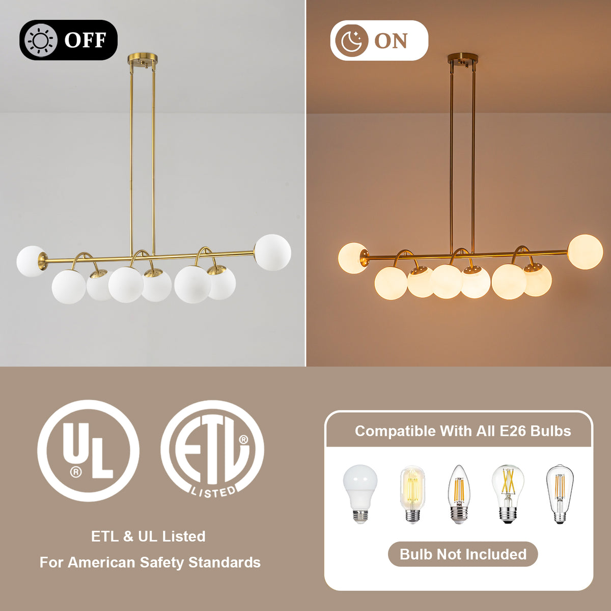 8-Light Linear Globe Chandelier Milk Glass Shades Modern Dining Room