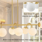 8-Light Linear Globe Chandelier Milk Glass Shades Modern Dining Room