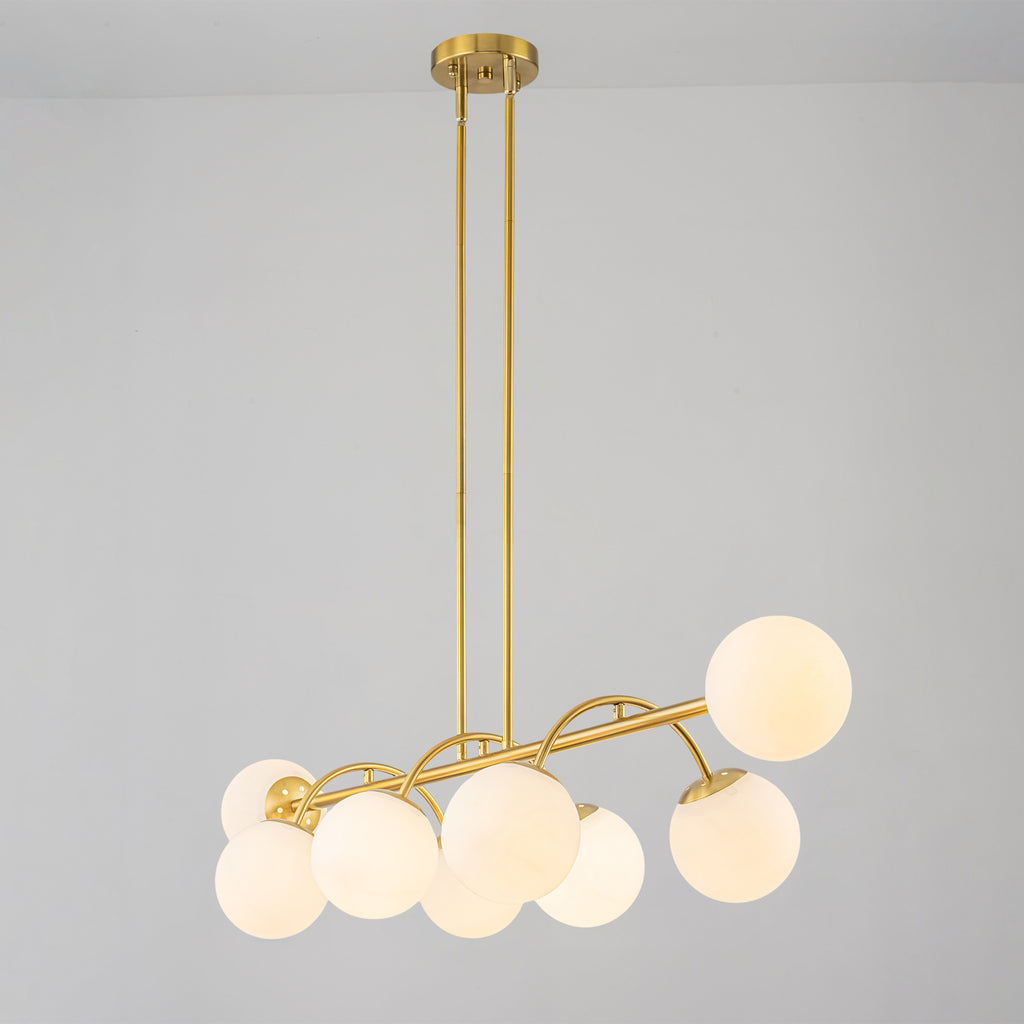 8-Light Linear Globe Chandelier Milk Glass Shades Modern Dining Room