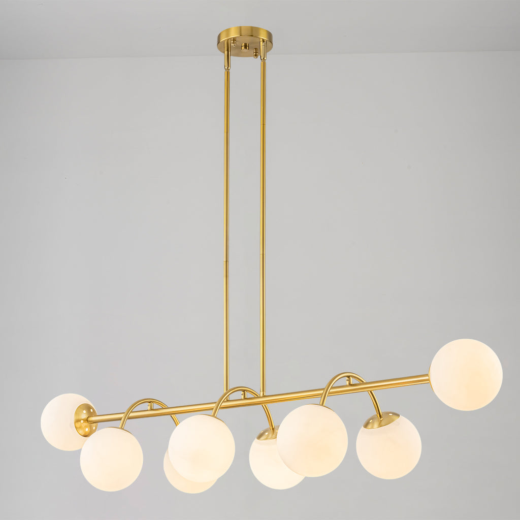 8-Light Linear Globe Chandelier Milk Glass Shades Modern Dining Room