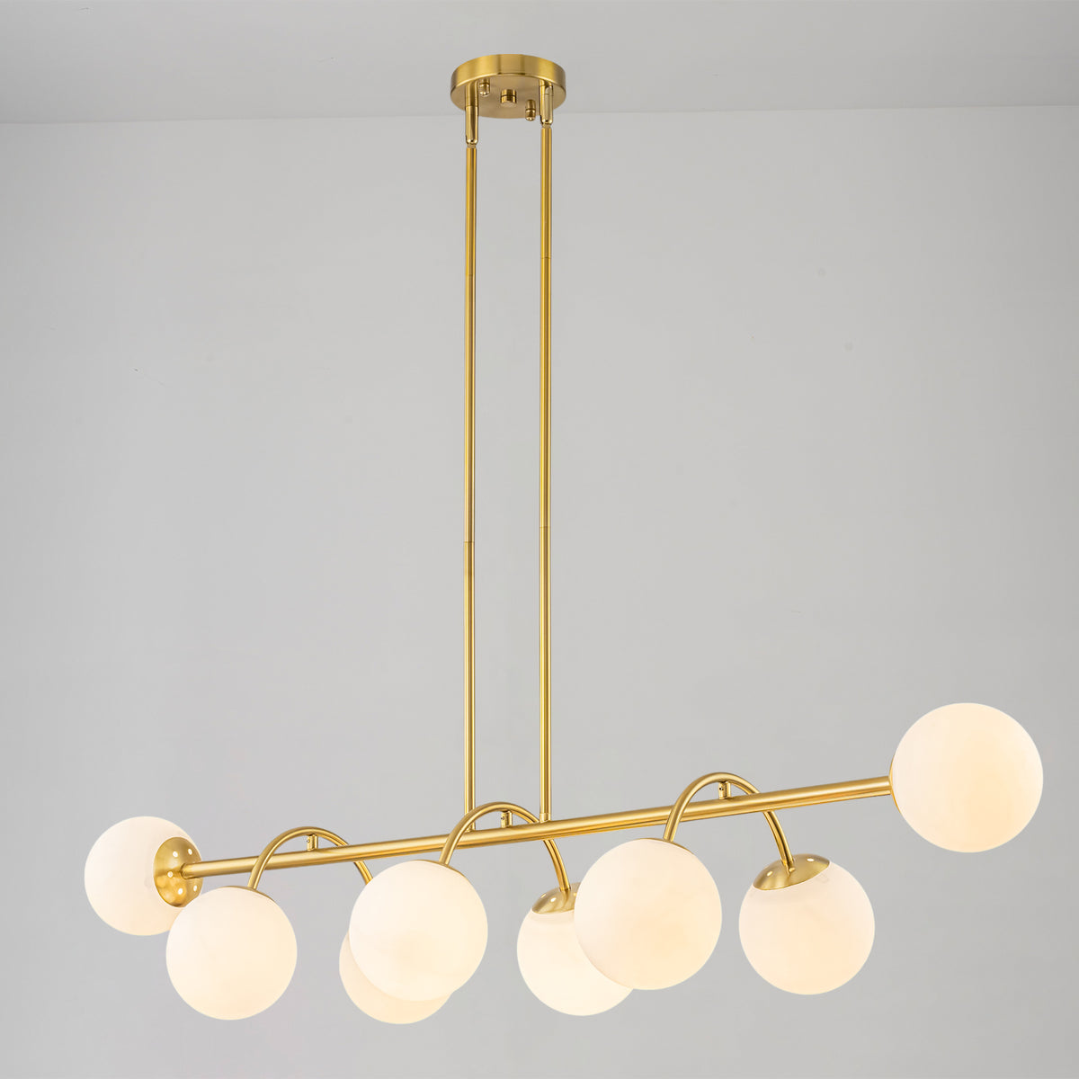 8-Light Linear Globe Chandelier Milk Glass Shades Modern Dining Room