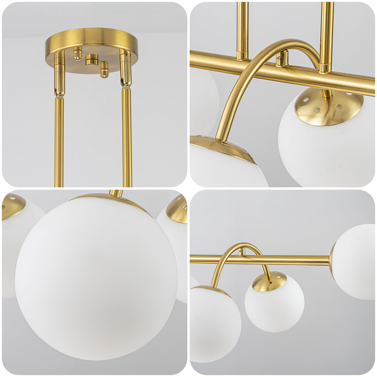 8-Light Linear Globe Chandelier Milk Glass Shades Modern Dining Room