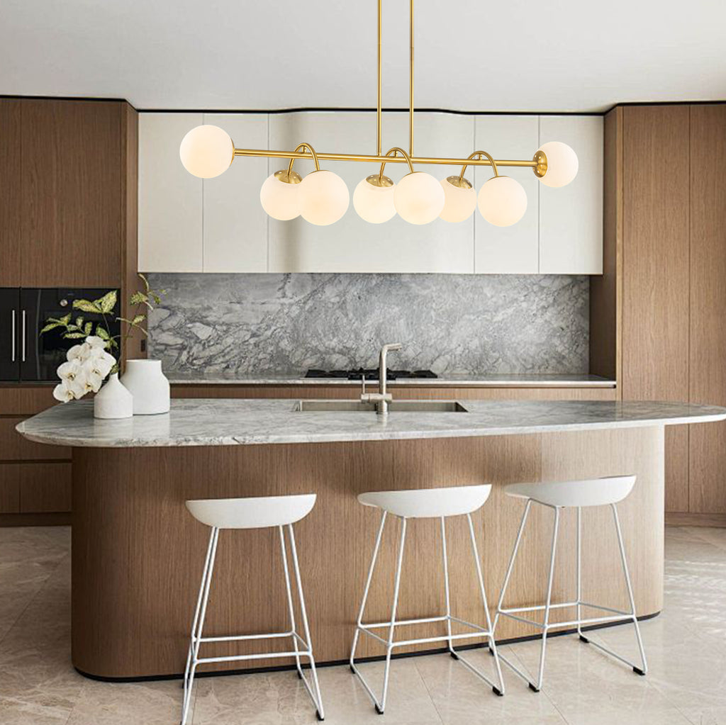 8-Light Linear Globe Chandelier Milk Glass Shades Modern Dining Room
